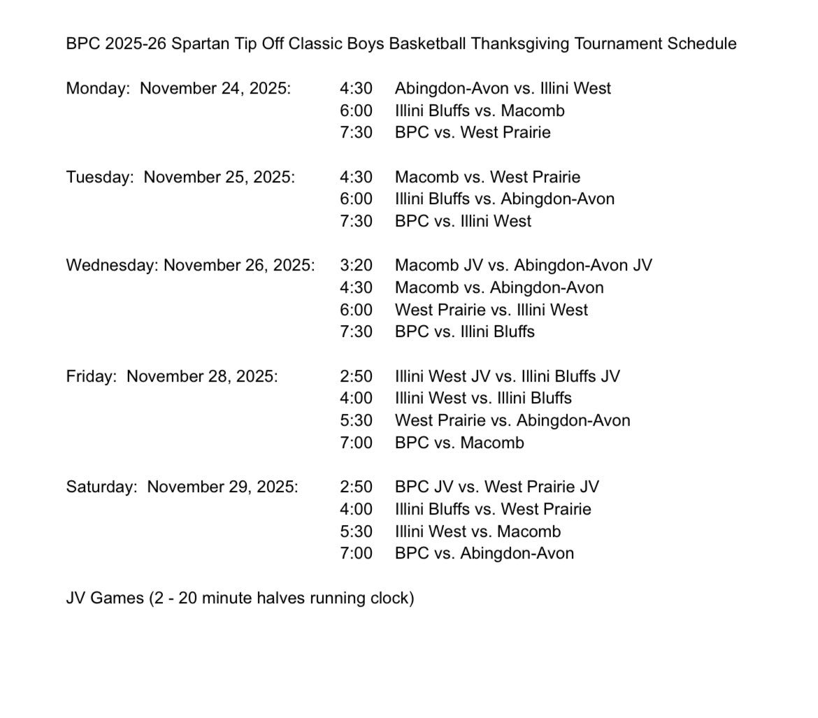 2025 Spartan Boys Basketball Tip-Off Classic Schedule — Thanksgiving Week at Bushnell-Prairie City High School 🏀