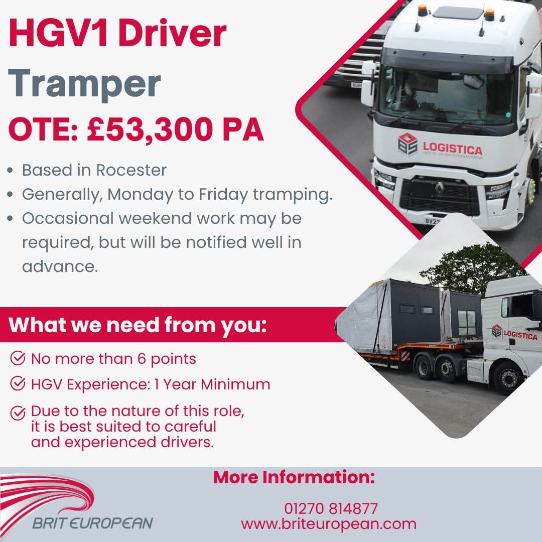 🚚 We’re hiring HGV1 Tramper Drivers based in Rocester, Uttoxeter!
If you’re a qualified driver looking for a professional opportunity, we’d like to hear from you.
📍 Location: Rocester, Uttoxeter 💻 Apply online: briteuropean.com  📞 Call: 01270814877
