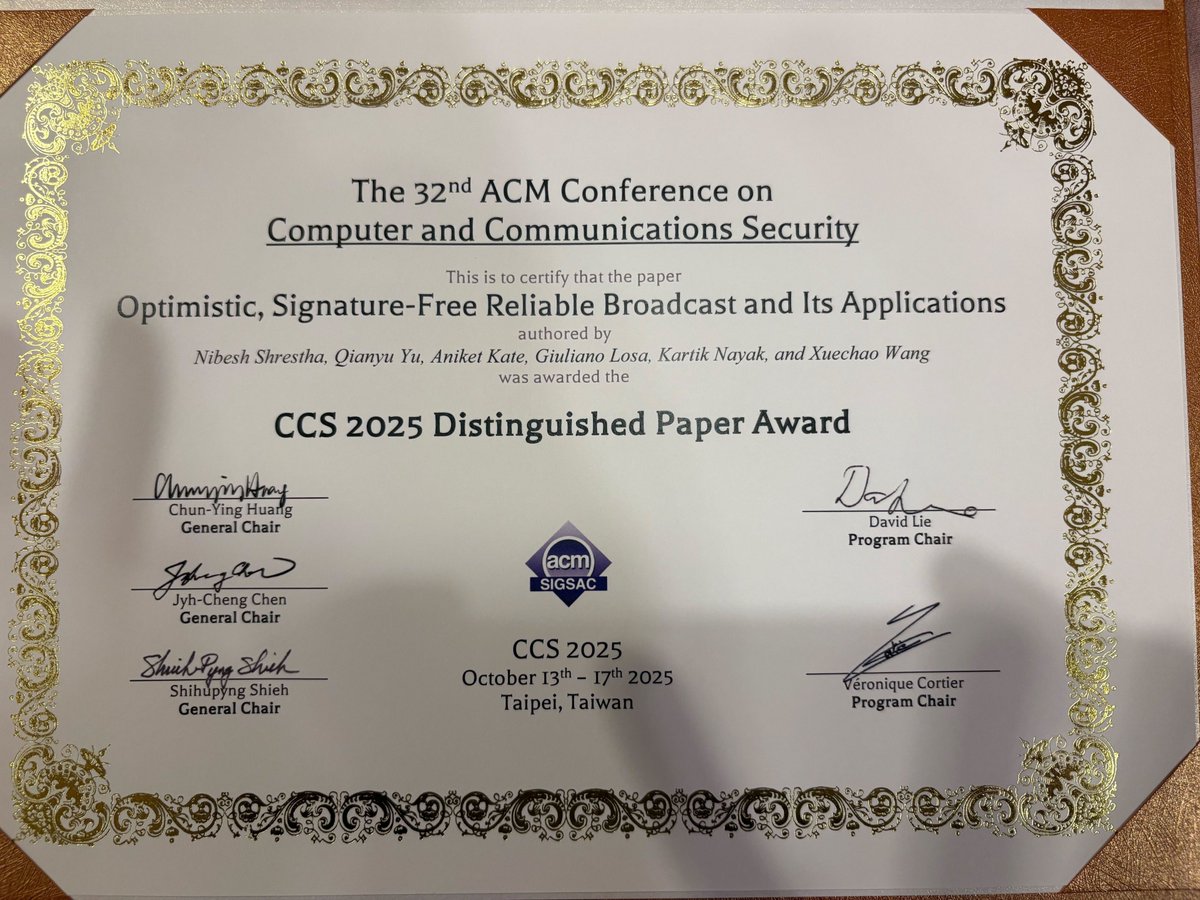 Case in point, this literally just came in: 

Our paper Optimistic, Signature Free Reliable Broadcast and Its Applications  (arxiv.org/pdf/2505.02761) won Distinguished paper award at ACM CCS'25.

Supra Research is literally among the best in the world. 

We have some of the best