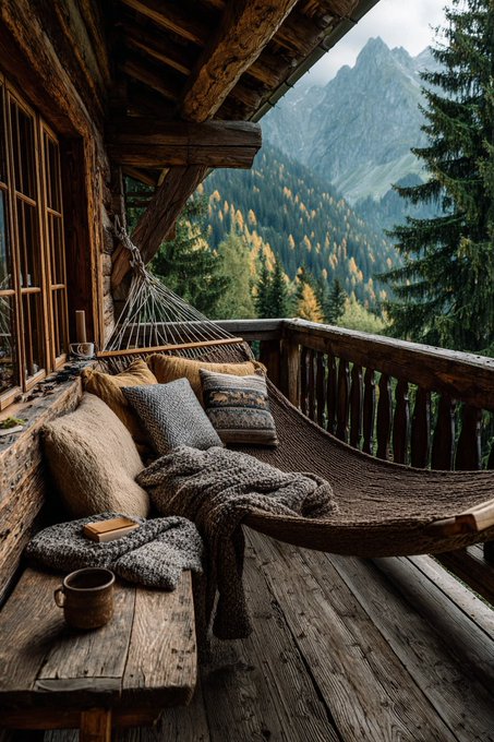 Wooden cabin balcony with rustic railing and window frames extends over a forested mountainside. A large hammock suspended from the ceiling holds multiple pillows and a folded blanket. Nearby a small wooden table bears a mug and an open book. Dense evergreen and autumn foliage covers surrounding slopes under a cloudy sky with distant snow-capped peaks visible.