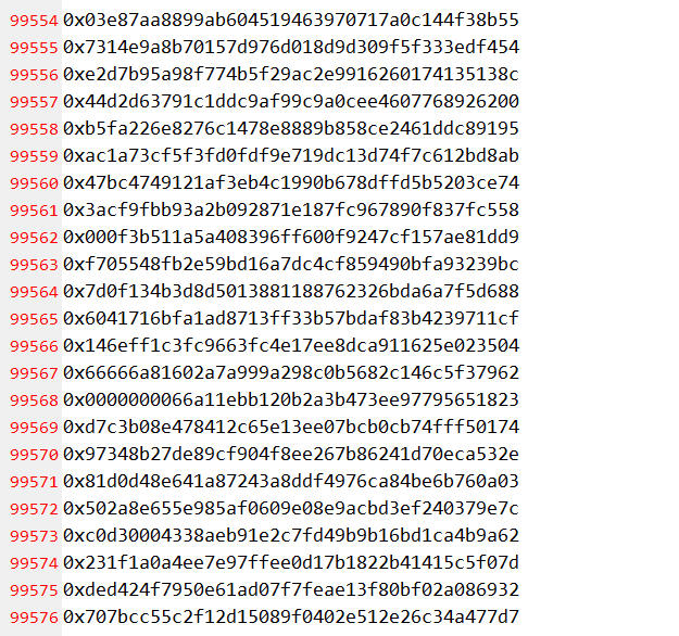 把币安空投的4万地址扒出来了
加上之前收集的10万地址，一共14万
以后爬地址就方便了
看到大哥们隐藏中间部分字符串的
直接在地址数据库搜就行
等我去重一下就发给粉丝
有需要的可以评论、关注、转发。
