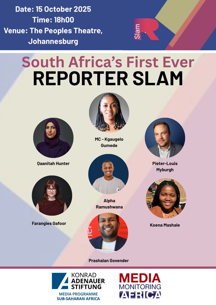 MEDIA FREEDOM FESTIVAL DAY 2: REPORTERS SLAM✊ 

For the first time ever, Reporters Slam is coming to South Africa!
Time🕑: 18:00pm

In collaboration with the Konrad-Adenauer Stiftung (KAS) <a href="/KasMedia/">KAS Media Africa</a>  this competition aims to provide journalists with a platform to bring their