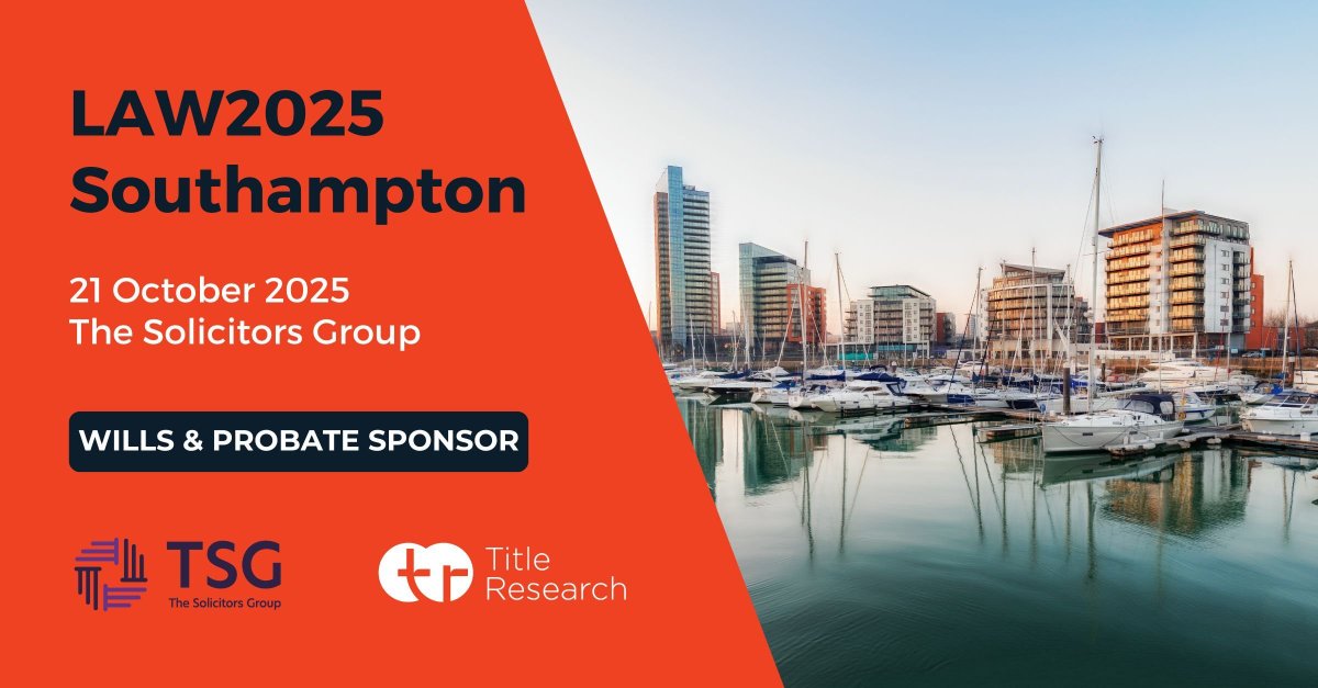We're back on the road for the <a href="/solicitorsgroup/">The Solicitors Group</a> #LAW2025 series, this time in Southampton!⚖️

As proud #WillsandProbate sponsors, we support #LegalProfessionals with expert #EstateAdministration insight.🔍

Visit us at the #TitleResearch stand!👋

🎟️: eu1.hubs.ly/H0nHVQs0