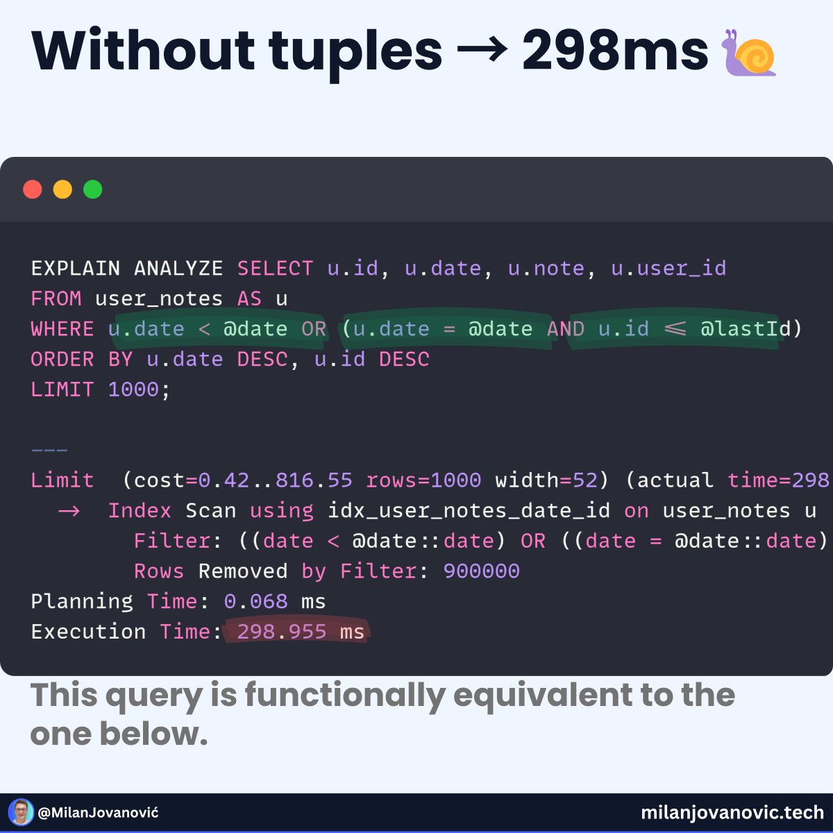 mjovanovictech's tweet image. One small change = 400x FASTER query

Here&apos;s what I did to achieve this performance boost.

I was implementing cursor pagination with EF and Postgres.

But I need to make the query faster.

How do you make an SQL query faster?

Add an index, and you&apos;re good to go.

Right?

Not…