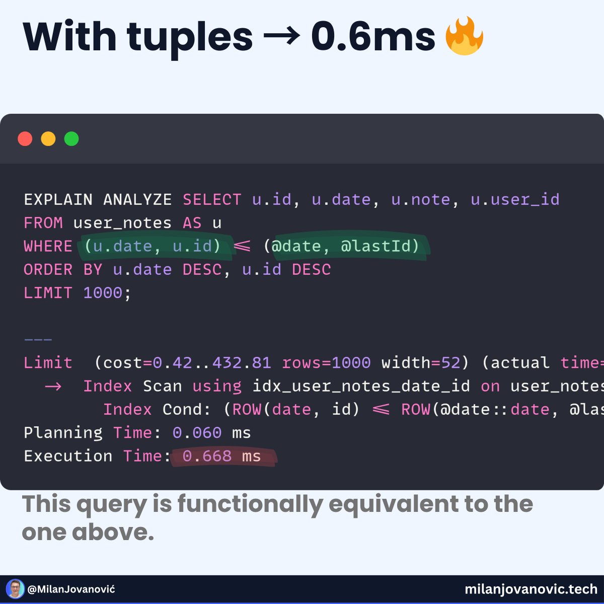 mjovanovictech's tweet image. One small change = 400x FASTER query

Here&apos;s what I did to achieve this performance boost.

I was implementing cursor pagination with EF and Postgres.

But I need to make the query faster.

How do you make an SQL query faster?

Add an index, and you&apos;re good to go.

Right?

Not…