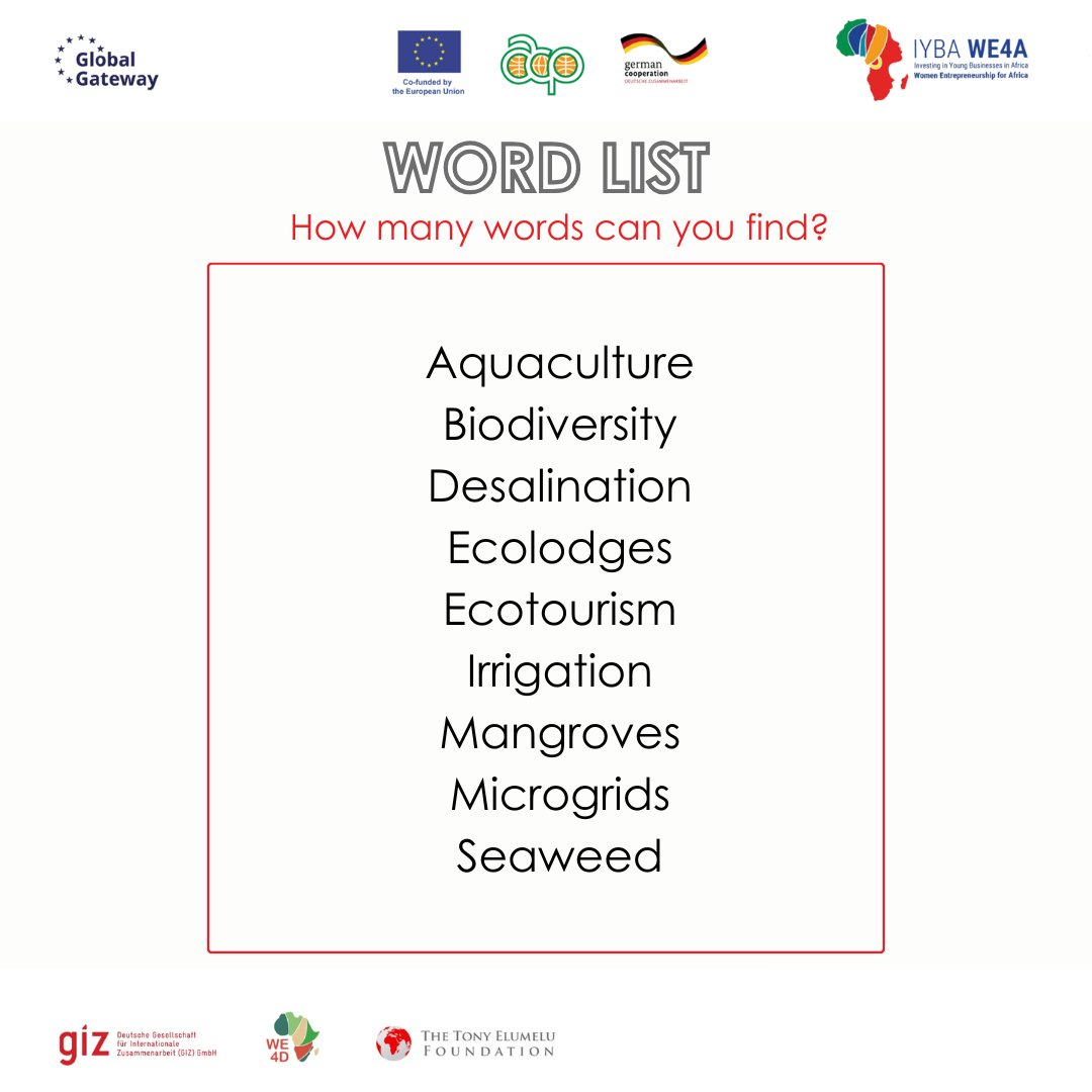 TefConnect's tweet photo. Think you know the green economy powering Africa’s next generation of women entrepreneurs?

Find the hidden buzzwords in our puzzle.

Circle the words you find
Comment with your total and the first word you spotted

Ready to play?
Let’s go!

#tefconnect https://t.co/qsWZbQLYQv