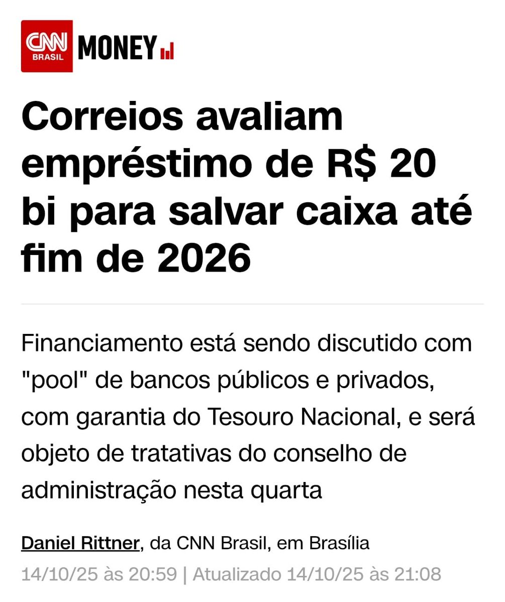 Marina Helena (@marinahelenabr) on Twitter photo Os Correios vão pegar R$ 20 bi emprestados pra “se salvar” até 2026.
Mais uma estatal que dava lucro e afundou no governo Lula. A conta, é claro, fica pra você.
O PT tem o toque de Midas ao contrário: onde encosta, vira bosta.💩
Mas os companheiros sempre ganham. Os Correios vão pegar R$ 20 bi emprestados pra “se salvar” até 2026.
Mais uma estatal que dava lucro e afundou no governo Lula. A conta, é claro, fica pra você.
O PT tem o toque de Midas ao contrário: onde encosta, vira bosta.💩
Mas os companheiros sempre ganham.