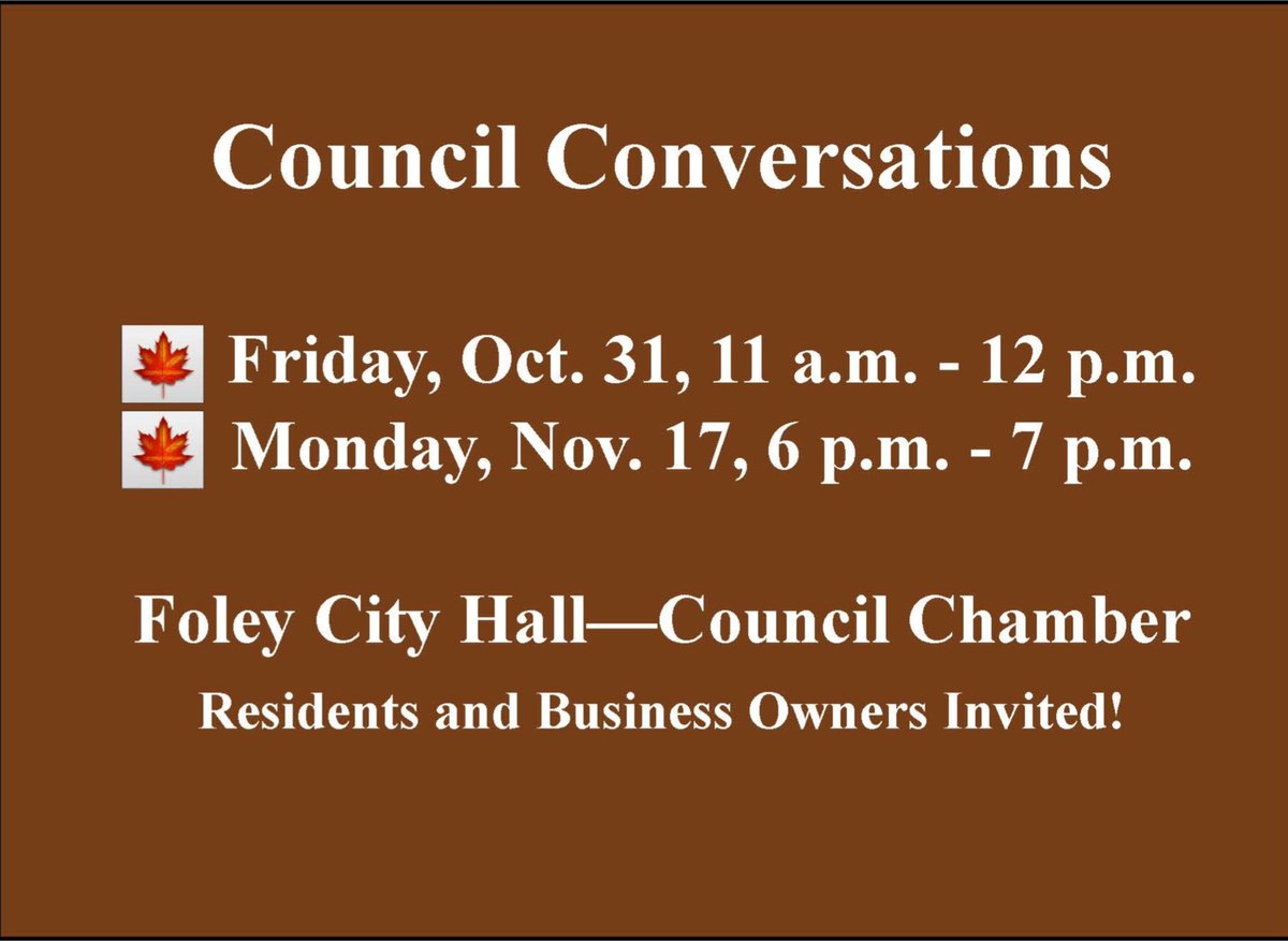 CityFoleyMN's tweet image. Foley residents and business owners are invited to two Council Conversation events to talk with councilmembers and city staff. Hope to see you there! #FoleyMN

ci.foley.mn.us/event/council-…