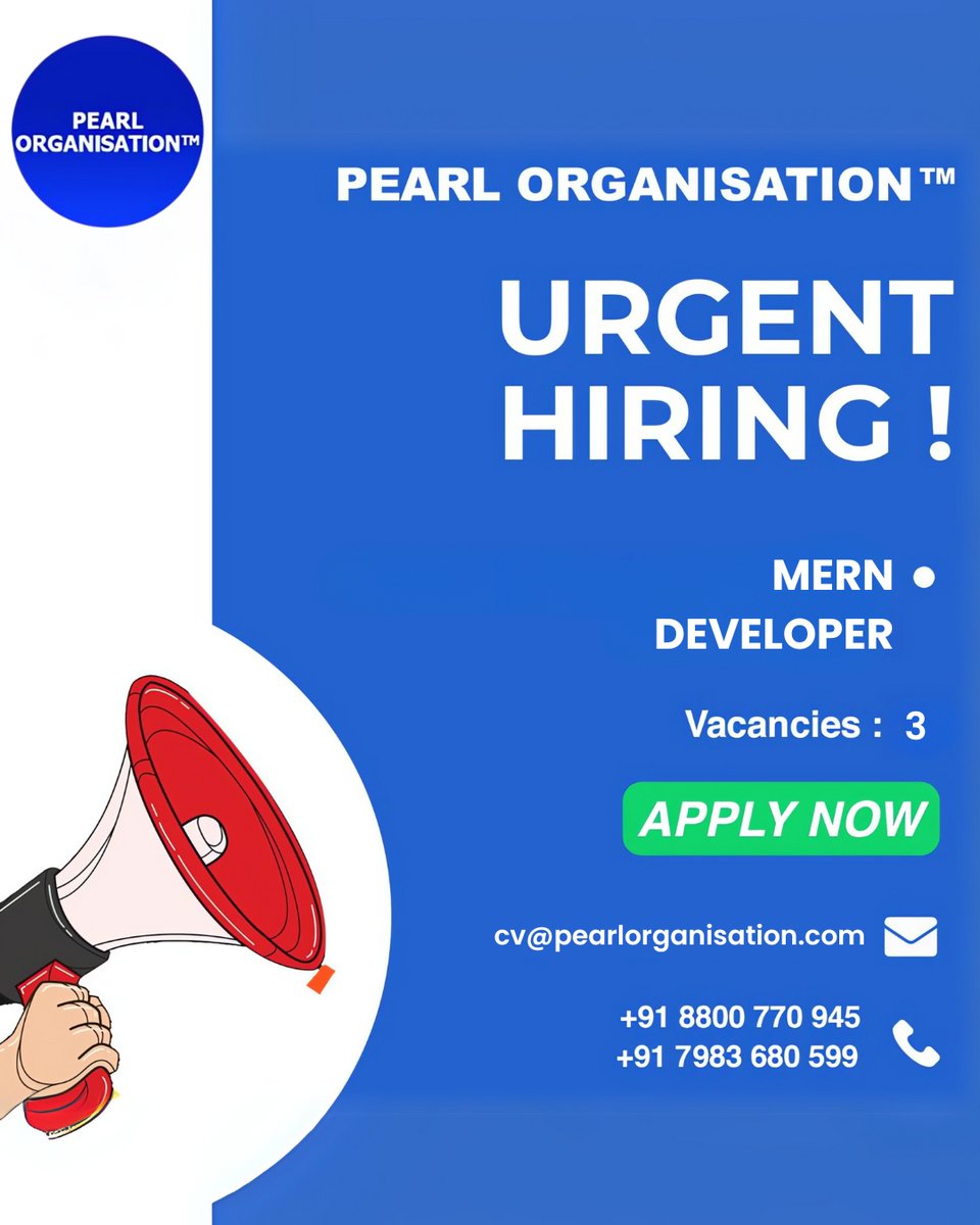 pearlorgs's tweet image. #URGENT #HiringAlert We are looking for #MernDeveloper at our #Dehradun_HQ Location. Share your updated #CV at cv@pearlorganisation.com /OR you can #call at +91-7983680599 / +91-8800770945 Visit - pearlorganisation.com/careers #PearlOrganisationJobs