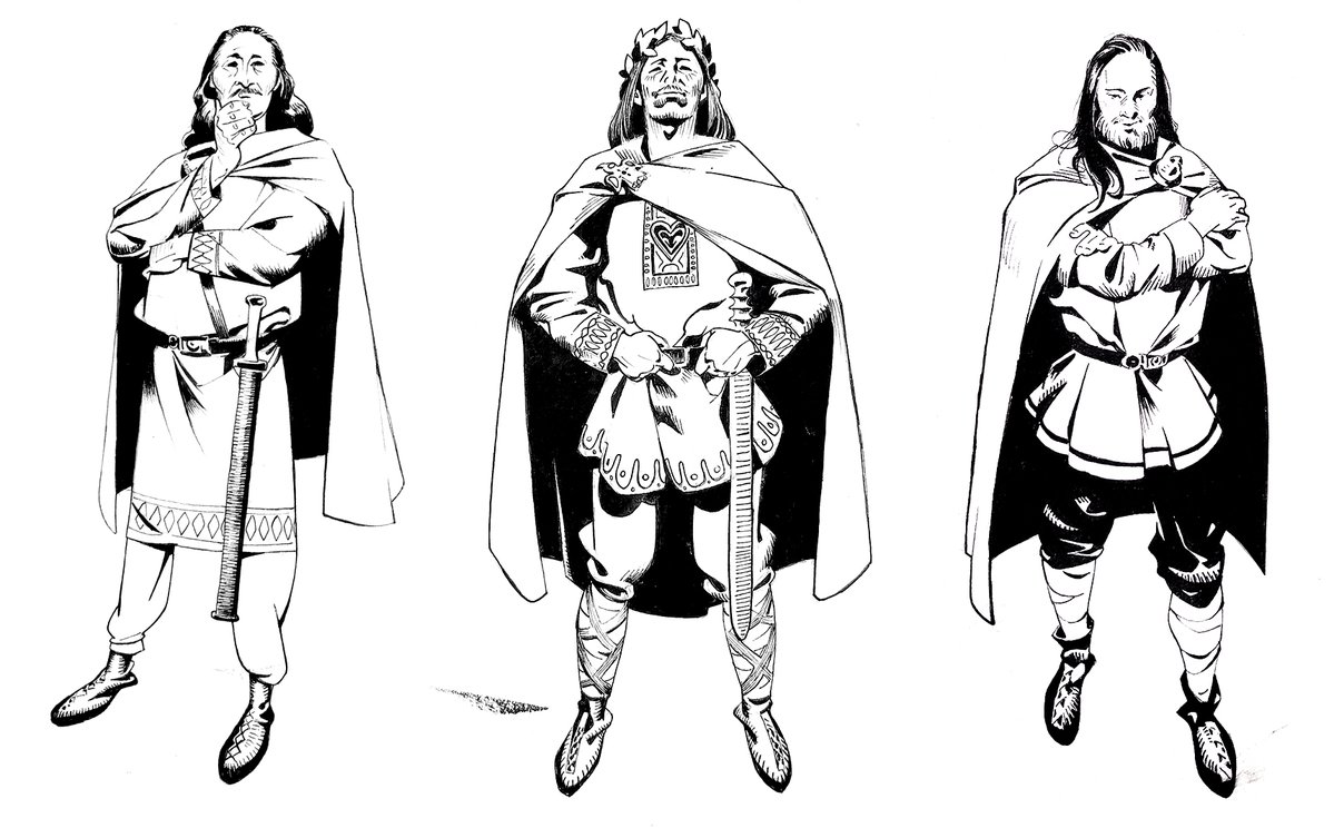 The good king Guntram of Burgundy, alongside his brothers, Sigebert of Austrasia (in the middle) and Chilperic of Neustria (on the right). Exploratory designs for a little project of mine :)