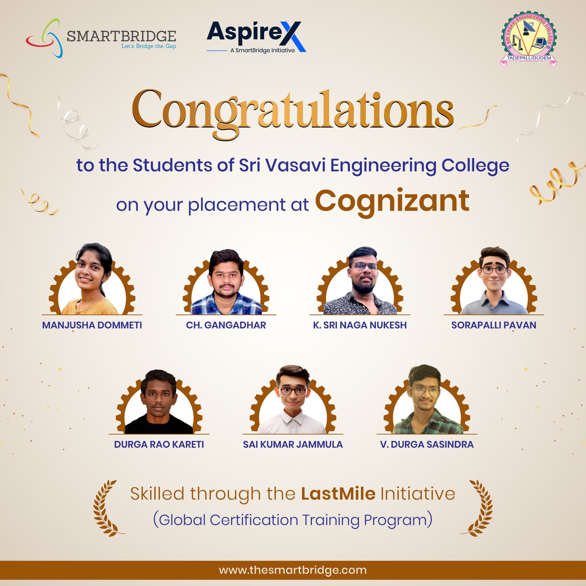 thesmartbridge's tweet image. #SmartBridge congratulates the future-focused talent of Sri Vasavi Engineering College on your successful #placements at Cognizant! 👏

This success comes through the #LastMile Program — SmartBridge’s Career Accelerator that transforms learners into industry-ready #professionals.
