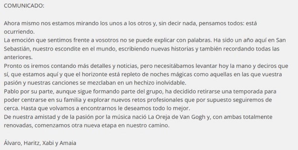 El comunicado dice: 

Llevamos un año escondidos como ratas, vista la que nos cayó al echar a Leire de mala manera. 

Pablo dice que OK a ganar más pasta, pero que a Amaia la aguante su prima. 

Comprad entradas por la nostalgia de lo que fuimos, porfa.

LODVG