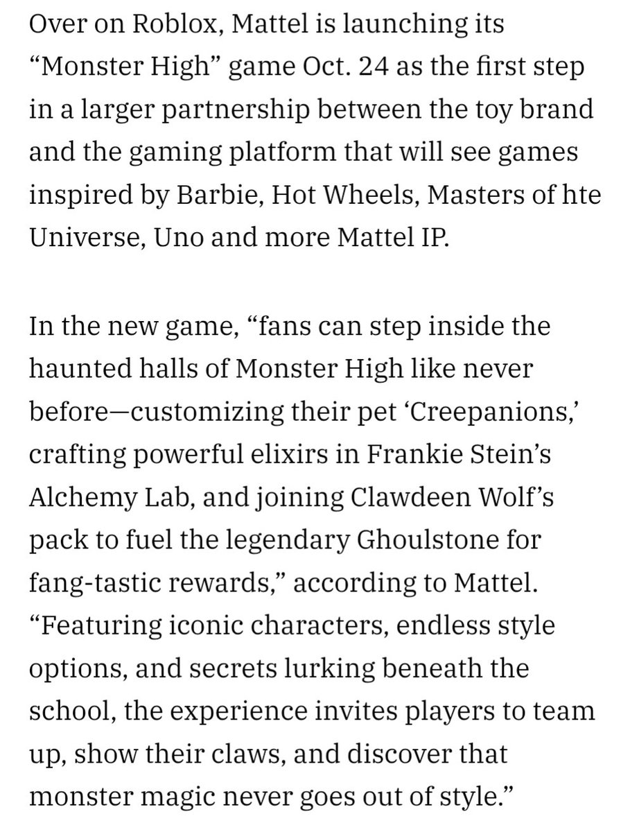 BREAKING: Mattel has officially announced the Fortnite Monster High experience!

In addition to it they have announced a G3 Roblox game!