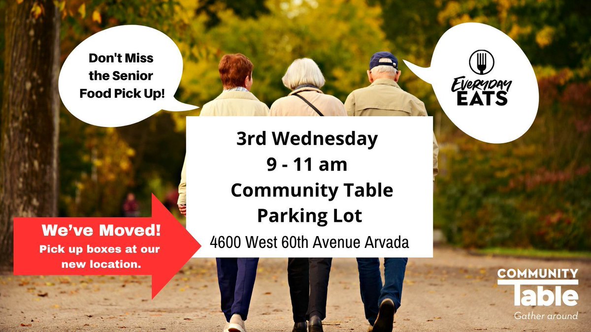 We moved! Seniors, pick up your Everyday Eats food boxes today, October 15, from 9:00 to 11:00 a.m. in our parking lot at our NEW LOCATION: 4600 W 60th Ave in East Arvada. To see if you qualify, visit buff.ly/VwNScP1.