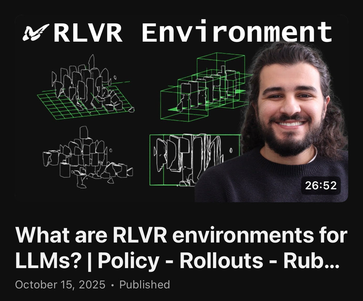 yacinelearning's tweet image. ever wondered what an RLVR environment is?
in 27 min I’ll show you:
- what they made of
- how RLVR differs from RLHF
- the performance gain it gives to small models
- and a walkthrough of the verifiers specs to define them.
by the end you will be able to make your own 👺🦋