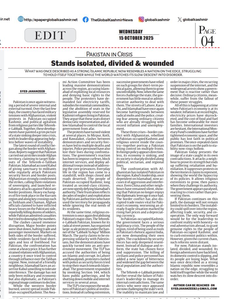 What was once described as a strong Islamic republic now resembles a nation on the edge, struggling to hold itself together while the world watches its slow descent into disorder.
globalkashmir.net/opinion-pakist… <a href="/ANI/">ANI</a> <a href="/PTI_News/">Press Trust of India</a> <a href="/dawn_com/">Dawn.com</a> <a href="/PTVNewsOfficial/">PTV News</a>