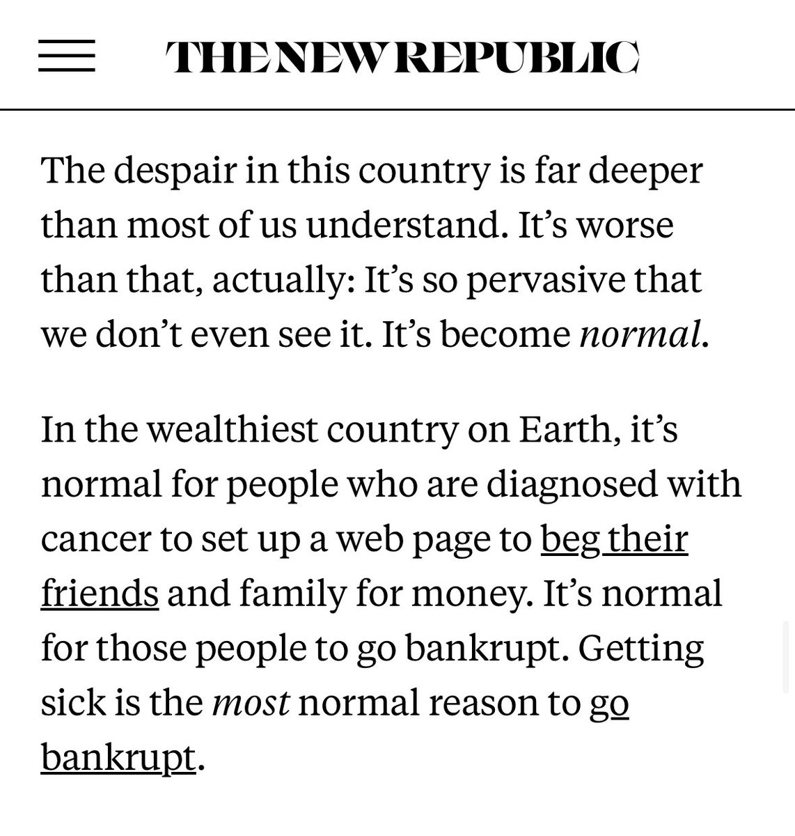 This is a must-read essay. Bedoya is stunningly, obviously right: we’re doomed as a country if we can’t do something about the out of control power of the wealthy to suck us dry, ruin our lives, kill us. It’s a battle we are losing—badly.