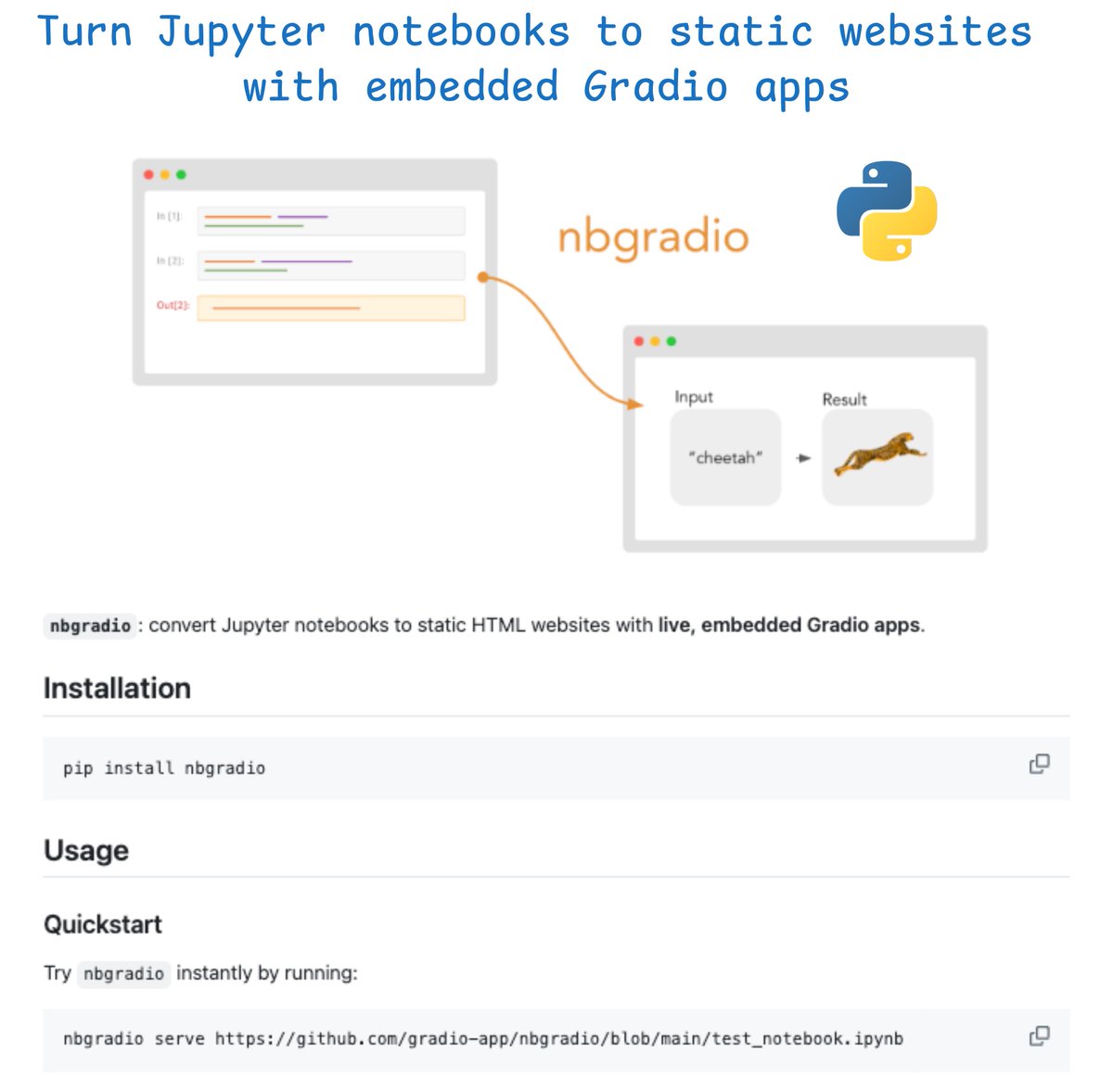 itsafiz's tweet image. Turn Jupyter notebooks to websites with live Gradio demo apps!
nbgradio: Open-source library lets you convert Jupyter notebooks to HTML static websites with live, embeded gradio apps.
Find the details 🧵 👇