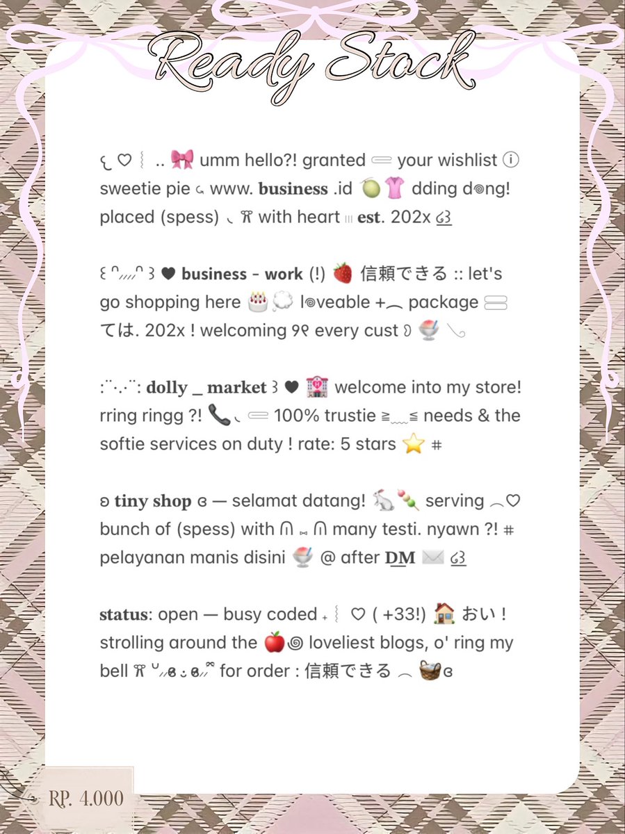 Heviou's tweet image. ♥︎  📞 ꒰⁠ help rt, please? merci! ꒱ .. ꒷꒦

これを見て! 🎀 +33! peek a boo? kimi membawa &amp;gt; wording bio untuk akun bisnis! 🏩💧*price? 𓈃 IDR. 4.000 /each! 💬 (CEK ALT) tell me the number ≧﹏≦ that you want, tysm! ⭐️🍮 ᪤  ˖ 

tagg. #zonauang #zonaba #zonajajan