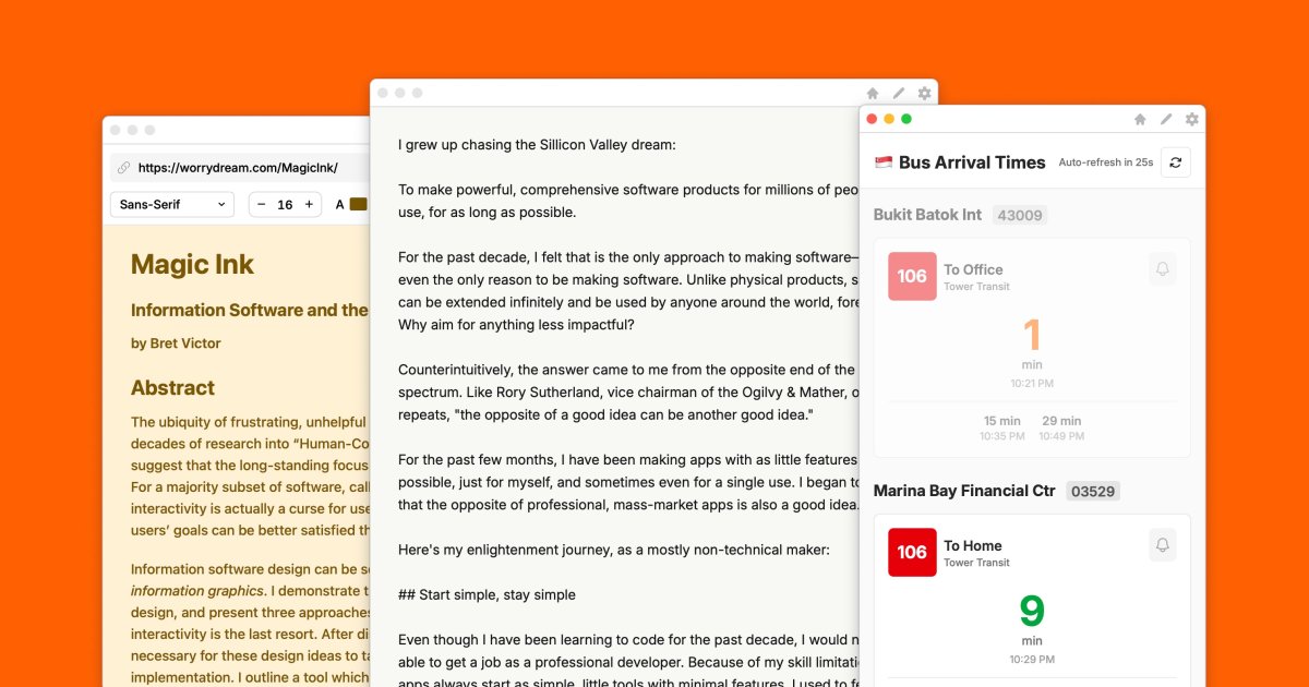 This year, I have been building what I call "apps without ambition".

Instead of the common narrative of creating world-changing scalable software, I went the other extreme. 

Simple personal tools.

I reflected on some counterintuitive lessons: