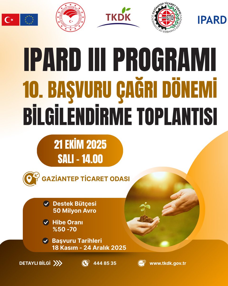 📣IPARD III Programı 10. Başvuru Çağrı Dönemi Bilgilendirme Toplantısı

▪️Tarım ve Kırsal Kalkınmayı Destekleme Kurumunun (TKDK) IPARD III Programı 10. Başvuru Çağrı İlanı kapsamında yatırımcılara sağlayacağı destekleri, Odamız ev sahipliğinde düzenlenecek bilgilendirme