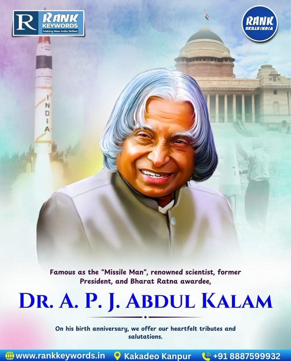 rank_group96838's tweet image. Remembering Dr. A.P.J. Abdul Kalam Sir-

The Missile Man of India

&quot;Dream, Dream, Dream. Dreams transform into thoughts and thoughts result in action.&quot;

Dr. A.P.J. Abdul Kalam

#RankSkillsIndia
#APJAbdulKalam
#RankKeywords
#MissileManOfIndia
#Inspiration  
#digitalmarketing
