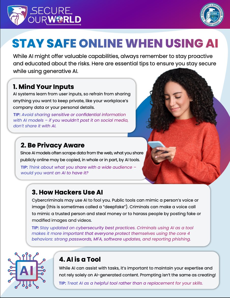 ThinkSecureNet's tweet image. While AI can be helpful, it is important to know the risks associated with these programs. Check out this tip sheet from CISA to ensure you stay secure and diligent this #CybersecurityAwarenessMonth.

Learn more at hubs.ly/Q03NhNmM0

#ThinkSecureNet #AI #Deepfakes #Privacy