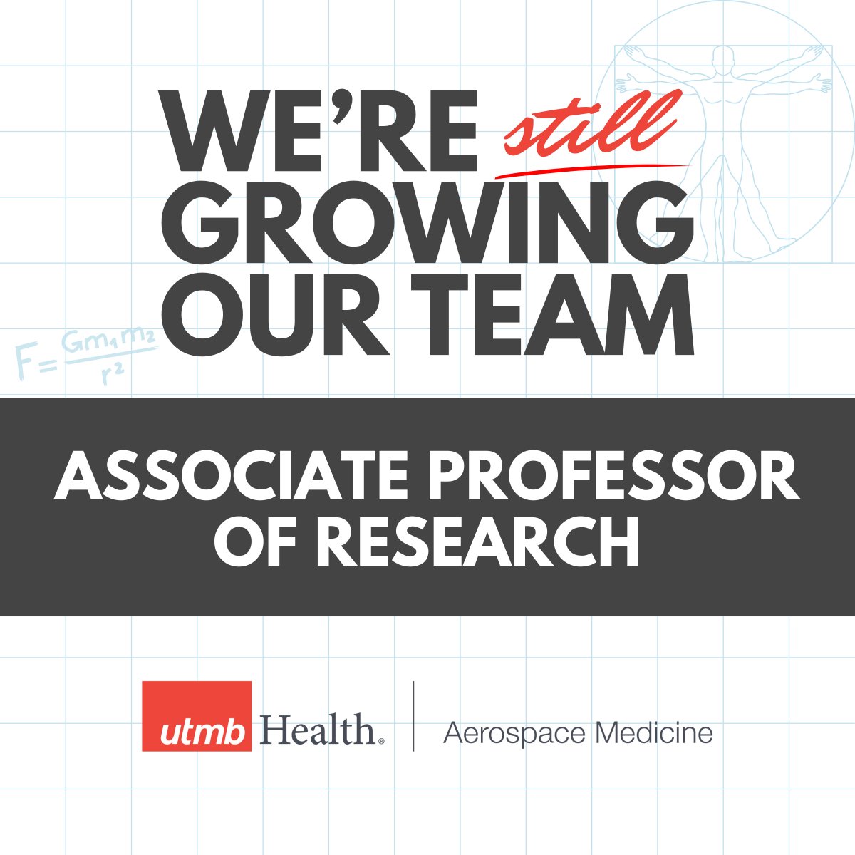 Seeking an in-person faculty leader to build a research &amp; education program. Lead interdisciplinary studies, teach in the MS in Aerospace Medicine, mentor residents, and expand partnerships. MD/DO/PhD; scholarship; US citizen or permanent resident. 
Apply: utmb.us/eno