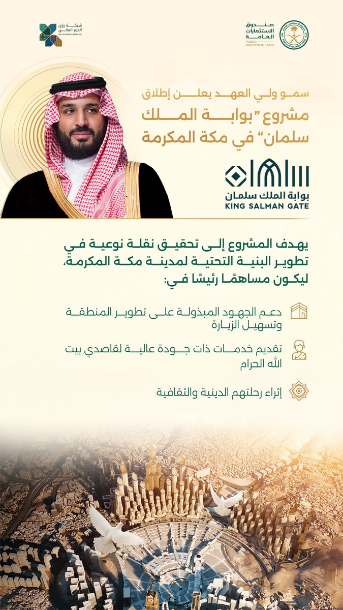 يعمل على تطوير مشروع #بوابة_الملك_سلمان، شركة رؤى الحرم المكي #إحدى_شركات_الصندوق، لدعم تنفيذ إستراتيجيته من خلال رفع مستوى التطوير العمراني بالمنطقة المحيطة بالمسجد الحرام ليصبح من أفضل نماذج التطوير العالمية.