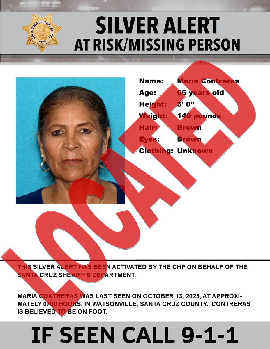CHPAlerts's tweet image. This Silver Alert has been deactivated.
The subject has been located.
******************************
Silver Alert- Santa Cruz County
Last seen: Pennsylvania Dr., and Hammer Dr., Watsonville
@SCCSheriff
IF SEEN, CALL 9-1-1