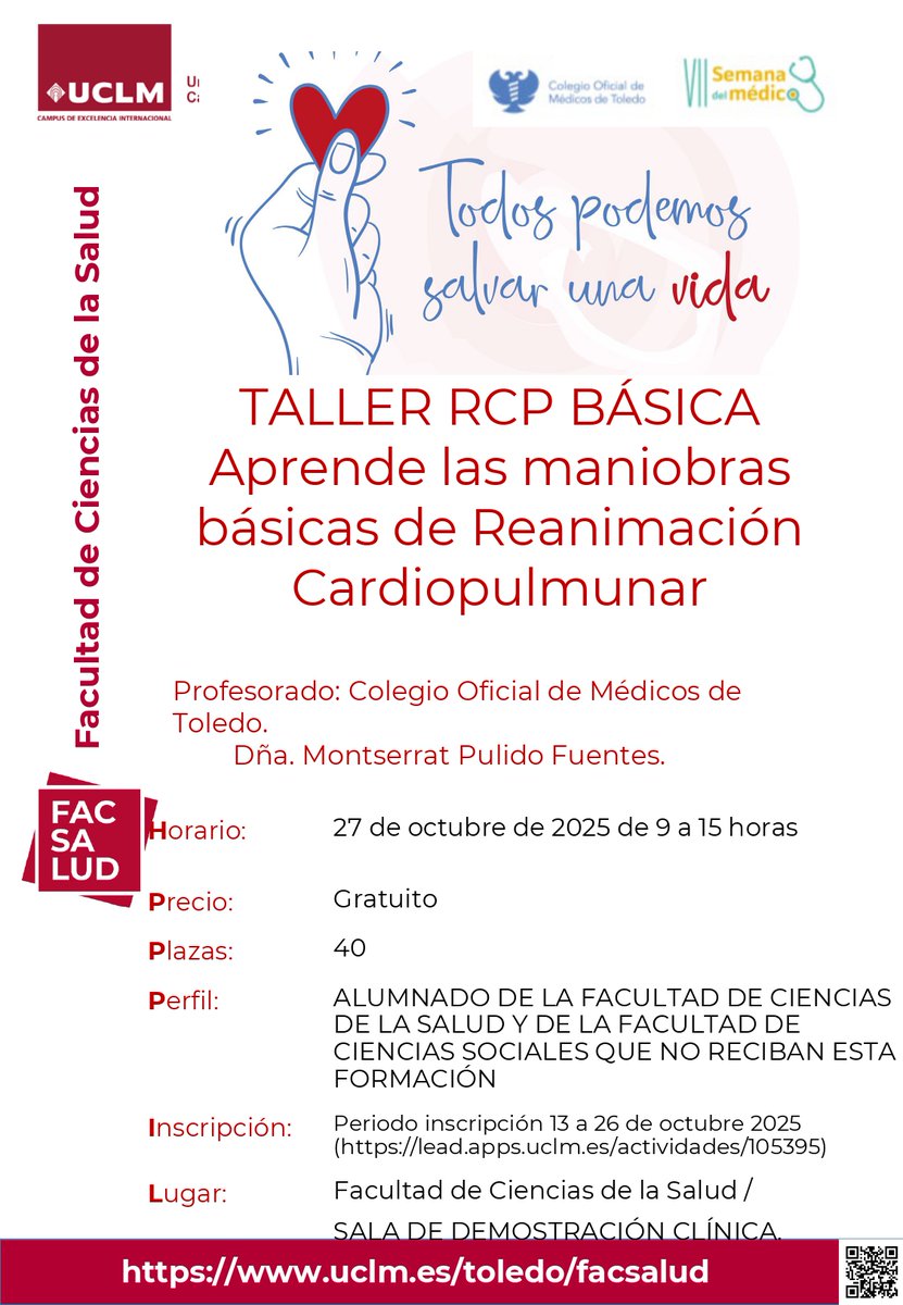 💓 ¡Aprende a salvar vidas! Taller gratuito de RCP básica en la Facultad de Ciencias de la Salud 🫀
Impartido por el Colegio de Médicos de Toledo.
Plazas limitadas, ¡inscríbete ya!
👉 lead.apps.uclm.es/actividades/10…