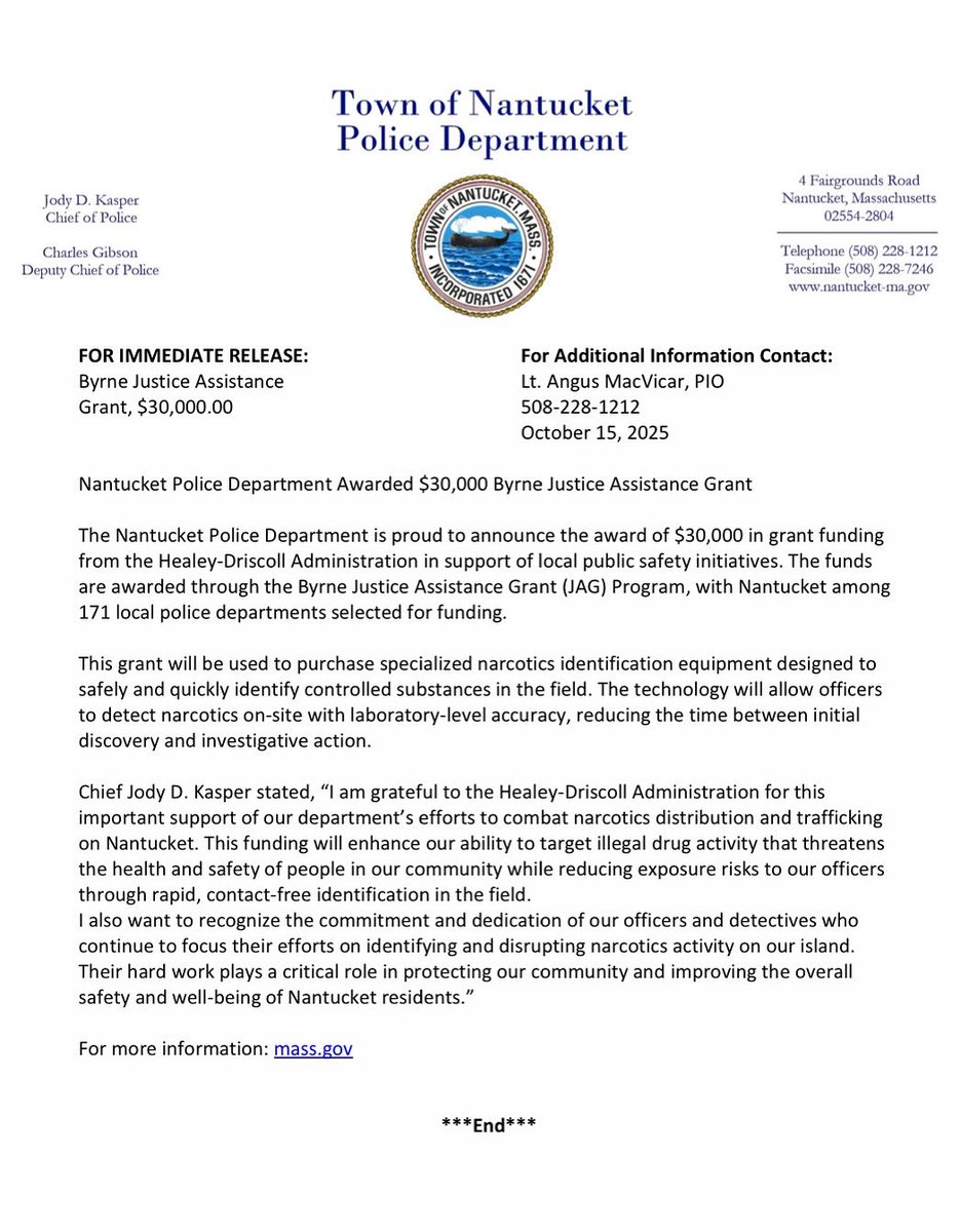 PRESS RELEASE: NPD Awarded the Byrne Justice Assistance Grant $30,000.00 

#nantucket #nantucketpd #nantucketpolice