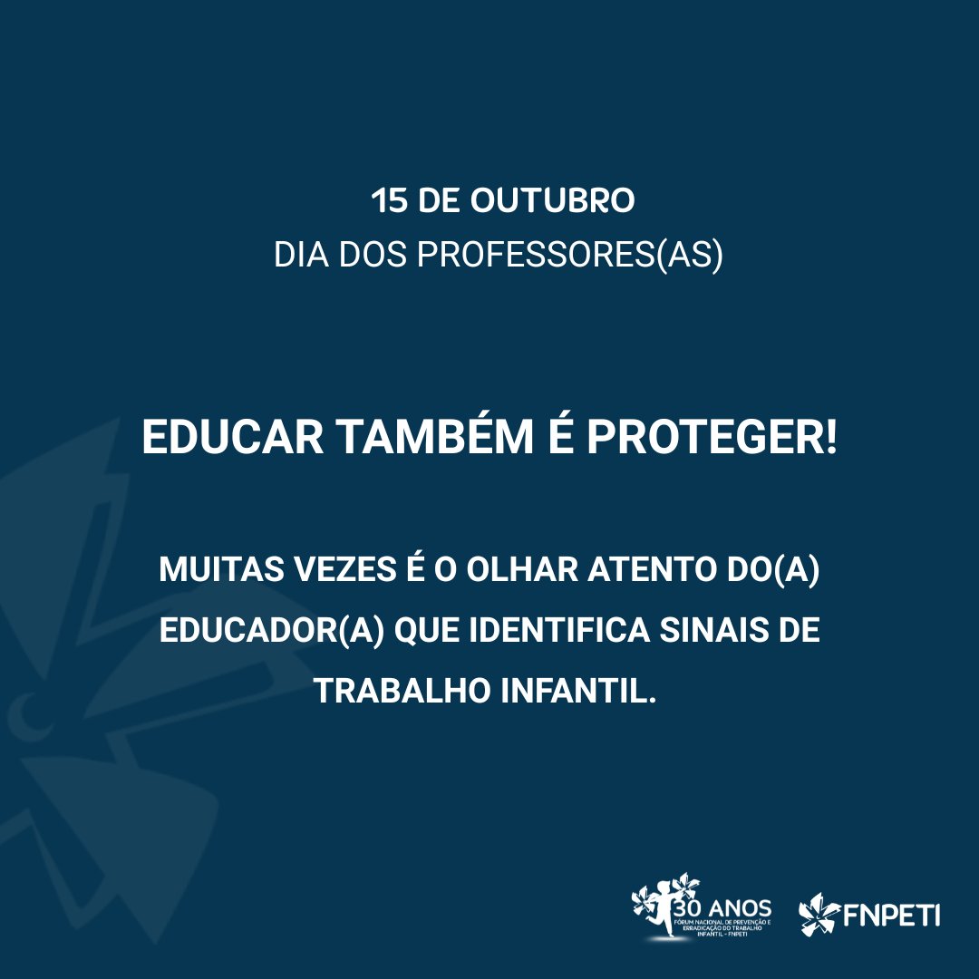 Neste 15 de outubro, o FNPETI celebra e agradece a todas e todos os professores que, com sensibilidade e compromisso, ajudam a proteger crianças e adolescentes de situações de violação de direitos. Mais em: instagram.com/p/DP1NExmid--/…