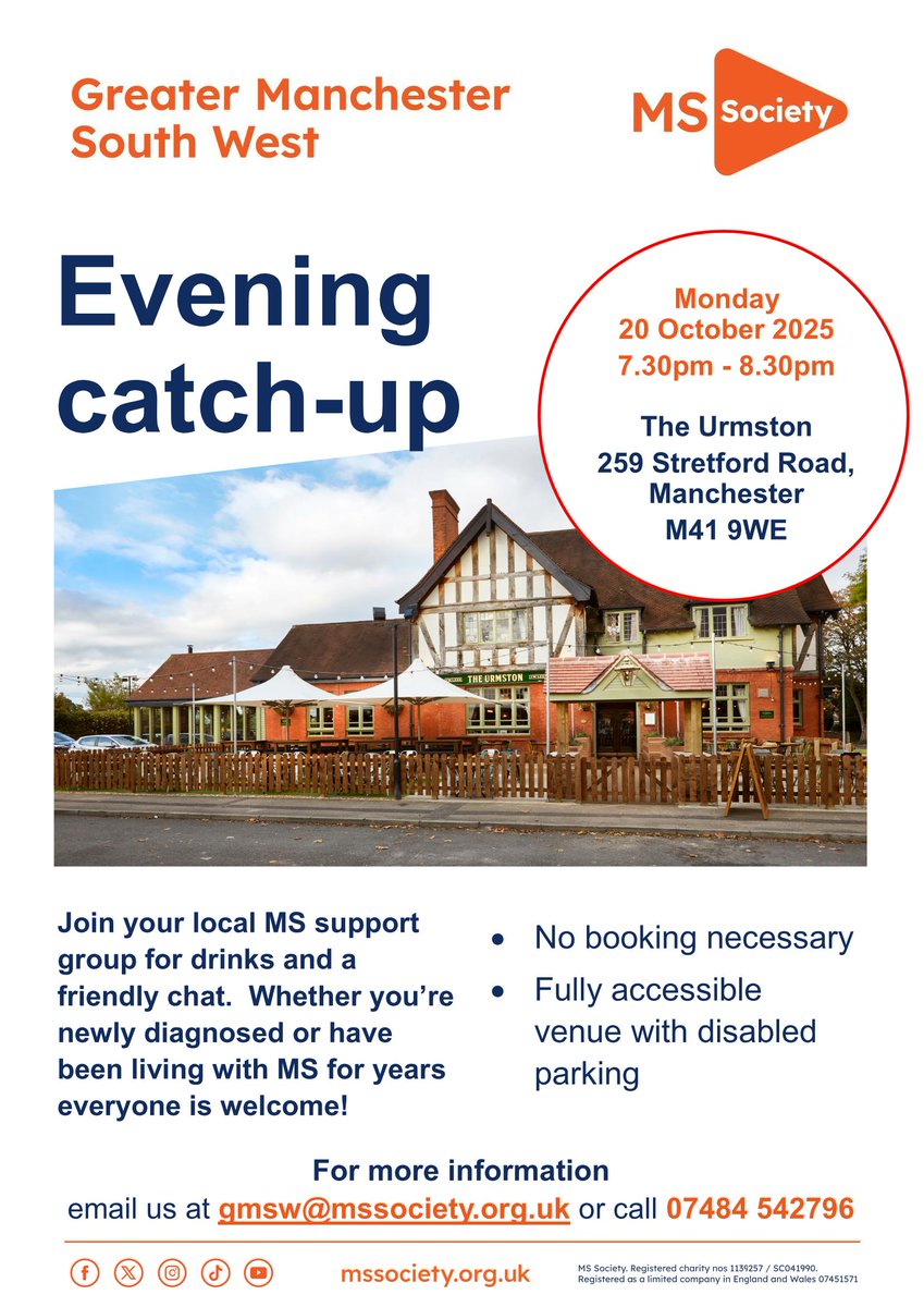 Join your local MS Society group for a drink after work at 7.30pm on Monday 20 October at The Urmston (theurmston.co.uk).  The pub is fully accessible and has disabled parking.  No need to book, just come along for a chat.  See you there!