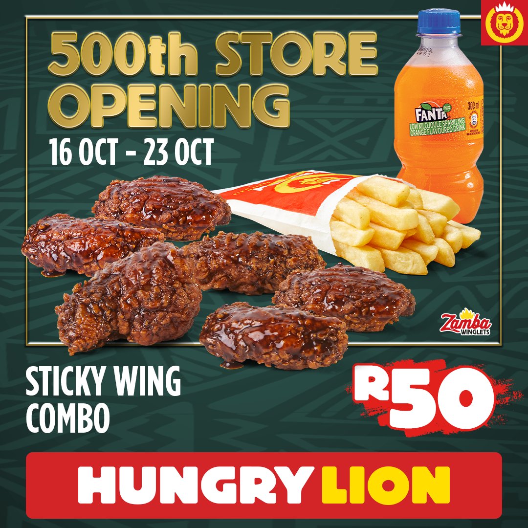 Celebrate 500 stores with wings your way! 🍗

Sticky or Zamba Wing Combo = R50

Hurry, it’s only from 16–23 October at all Hungry Lion stores!