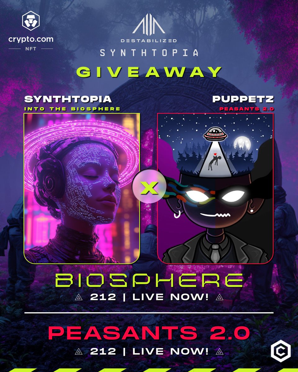 synthtopiaworld's tweet image. ⚡️ SYNTHTOPIA x PUPPETZ #GIVEAWAY ❤️
The wait is over 🔔
SYNTHTOPIA (INTO THE BIOSPHERE) → LIVE NOW!
PUPPETZ (Peasants 2.0) → LIVE NOW!
🎁 Prizes:
🏆 1x SYNTHTOPIA: INTO THE BIOSPHERE NFT
🏆 1x SYNTHTOPIA: BEYOND THE END NFT
🏆 2x PUPPETZ PEASANTS 1.0
🏆 2x PUPPETZ PEASANTS…