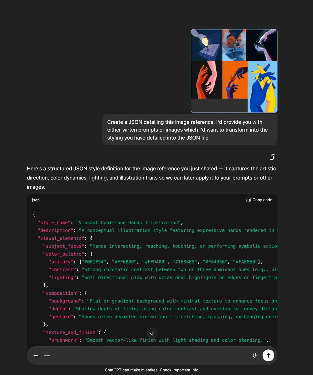 ozenua_'s tweet image. Since you can only upload 3 images on free GPT, you may not have enough data, so what I do is simply merge as many images as I can into one single on... as shown here. that way there&apos;s just enough reference.

Then ask for a JSON prompt, the most efficient way to prompt, IMO.