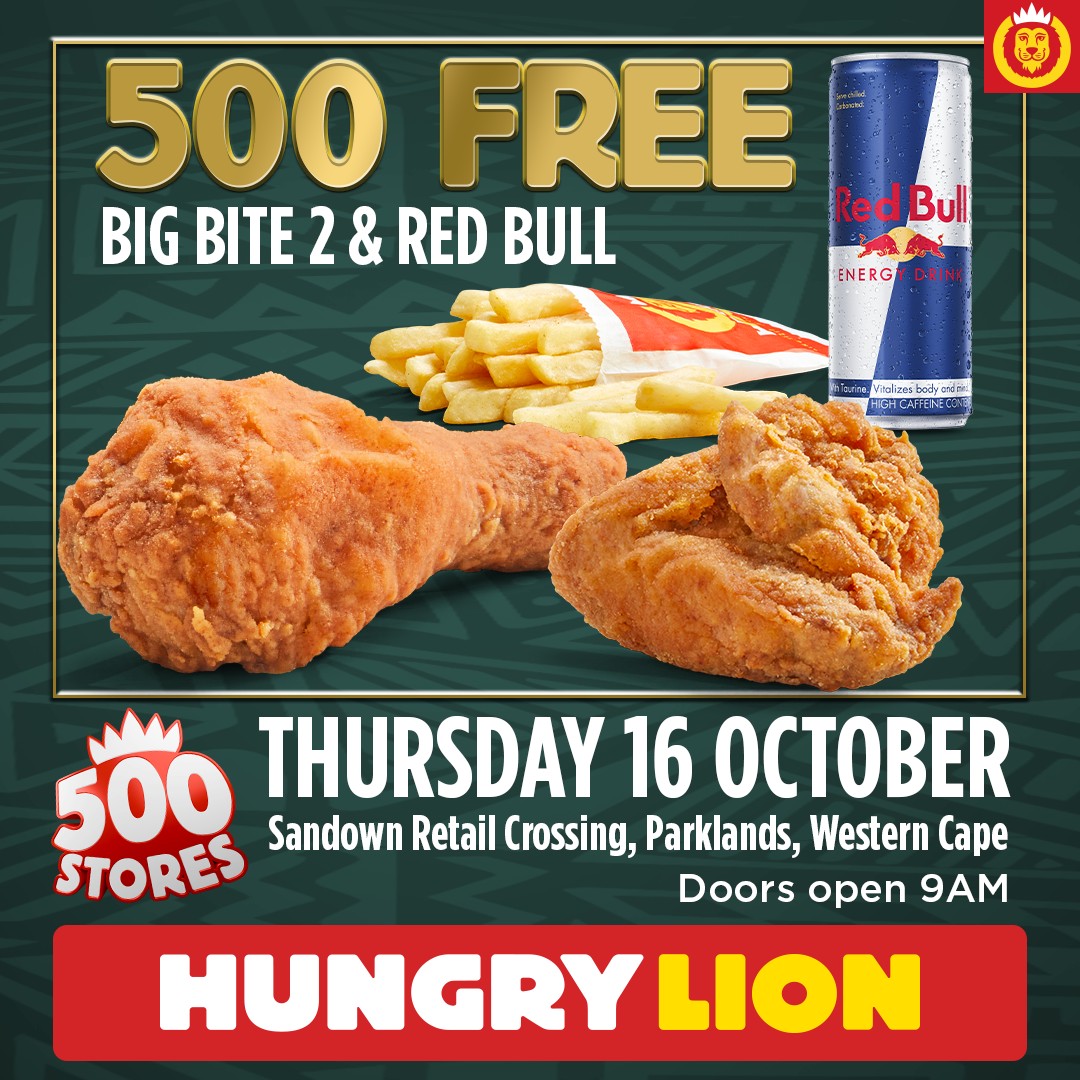 Cape Town, we’ve got something BIG for you! 

Our 500th Hungry Lion store opens 16 October at Sandown Retail Crossing in Parklands Cape Town

Be early - first 500 customers score a FREE Big Bite 2 + Red Bull!