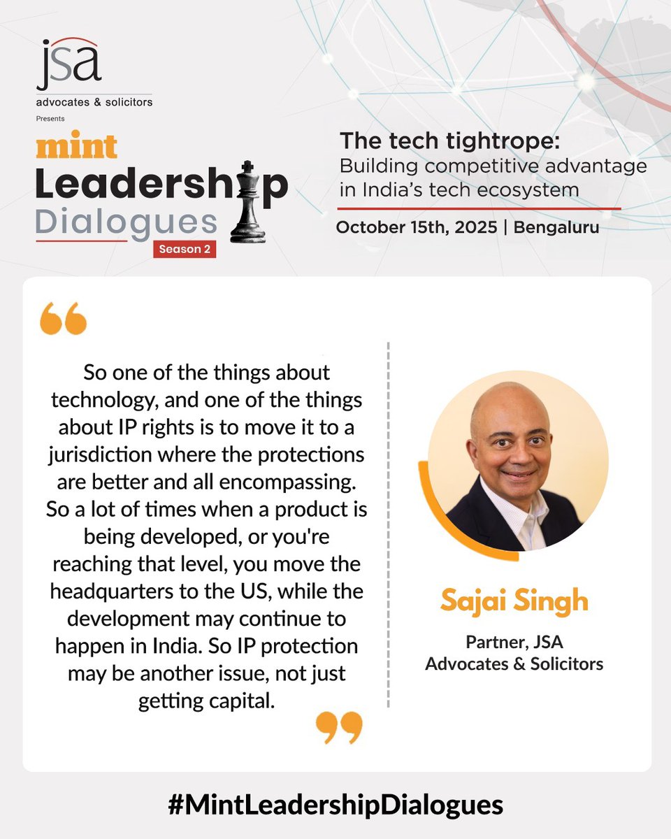 livemint's tweet photo. @JSALawIndia @nutanix #MintLeadershipDialogues | Sajai Singh, Partner, @JSALawIndia Advocates & Solicitors points out that beyond capital, IP protection remains a key challenge pushing Indian tech firms to move overseas. ๐๐
https://t.co/0EsJ53vcWm
@JSALawIndia #MintEvents #JSAEvents https://t.co/TKxmlZnNWw