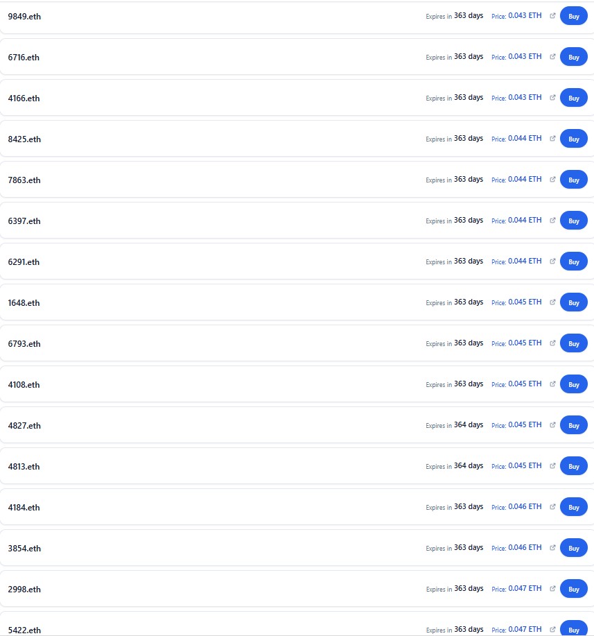 It costs 0.0392e to renew a 10k digits for a full year. There are currently over 17 listed on enswheel.fun below 0.047e, which means that your acquisition cost for a 10k digits is currently ~0.007e - Below 0.01e

Do what you will with this information