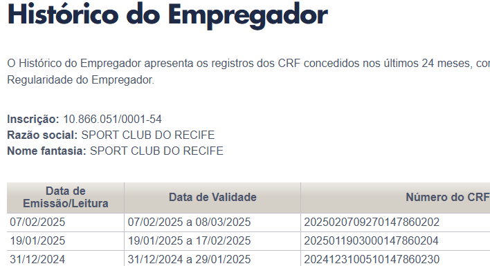 Fgdoleao's tweet photo. Em live ontem resenhando as declarações de Ambrogini o @walfridofreire, vi agora pela manha o mesmo foi até o site de consulta ao empregador da Caixa  verificar a situação do Sport como empregador. 
Não há registro de pagamentos do FGTS desde março de 2025. Pode até ser um erro da Caixa, mas também pode indicar que o clube não está recolhendo o FGTS dos funcionários e atletas. Pra tirar a dúvida, fiz uma simulação da empresa onde trabalho e lá, os depósitos aparecem normalmente mês a mês. 
A falta de transparência e comunicação da atual gestão, só abre espaço pra desconfiança e suposições.
👉 Segue @fgdoleao pra não perder nada do Leão!