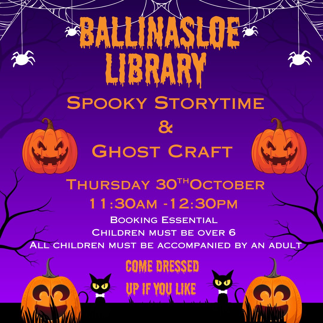 EDBallinasloe's tweet image. Join us for our spooktacular Storytime and Ghost Craft on Thursday 30th of October at 11.30am.  Come dressed up if you like!! To book: please email ballinasloe@galwaylibrary.ie or phone 091 509 551
#HalloweenCrafts #SpookyStorytime #BallinasloeLibrary #EventsInBallinasloe