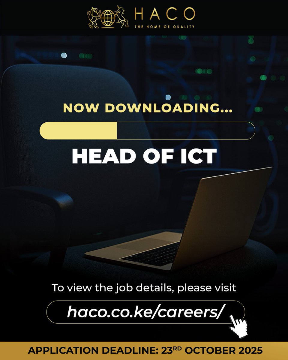 WE’RE HIRING 🚀
HACO is looking for a visionary Head of ICT to lead our digital future. This isn’t just tech — it’s strategy, innovation &amp; transformation.
👉 Apply now: lnkd.in/dNpbCySZ
🗓️ Deadline: Oct 23, 2025
#NowHiring #DigitalTransformation #TechJobsKenya #IkoKazi