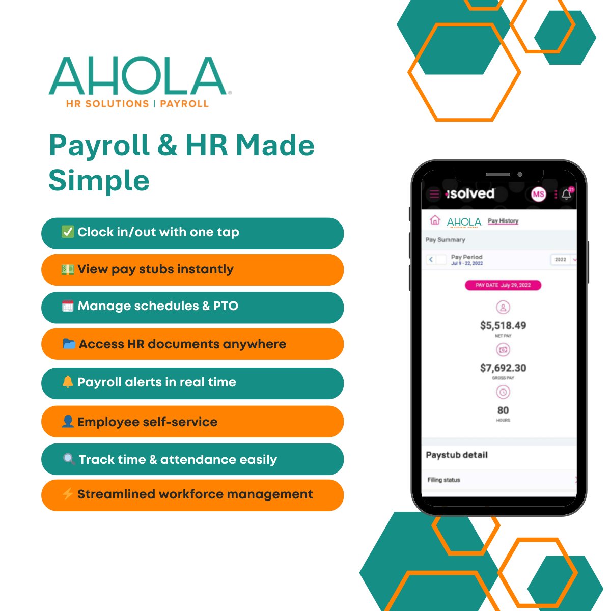 AholaCorp's tweet image. Payroll &amp;amp; HR don’t have to be complicated.

From clocking in with one tap to accessing pay stubs, schedules, and HR documents anytime, our solutions are built to make life easier for both employers and employees.

➡️ hubs.la/Q03NjSZj0

#Payroll #HRSolutions