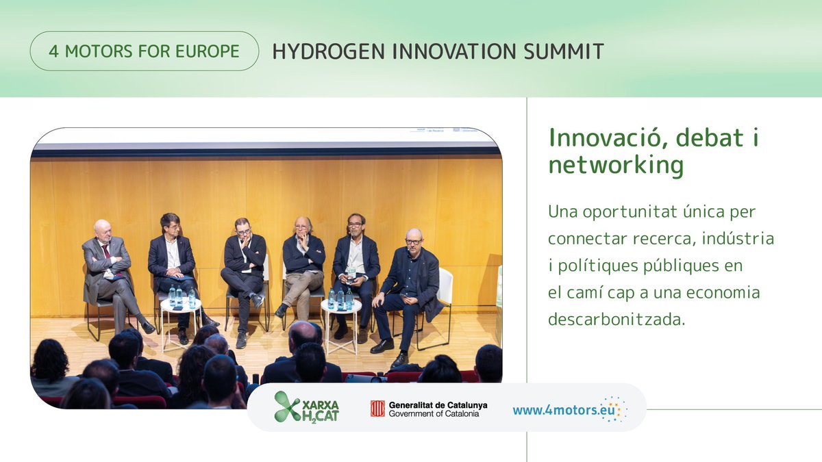 H2CAT (@xarxah2cat) on Twitter photo Encara no t’has registrat al 4 Motors for Europe Hydrogen Innovation Summit? 🚀
Els dies 12 i 13 de novembre, Catalunya acull l’esdeveniment clau sobre hidrogen per connectar recerca, indústria i polítiques públiques. No t’ho perdis!
👉 xarxah2cat.org/4-motors-for-e… Encara no t’has registrat al 4 Motors for Europe Hydrogen Innovation Summit? 🚀
Els dies 12 i 13 de novembre, Catalunya acull l’esdeveniment clau sobre hidrogen per connectar recerca, indústria i polítiques públiques. No t’ho perdis!
👉 xarxah2cat.org/4-motors-for-e…