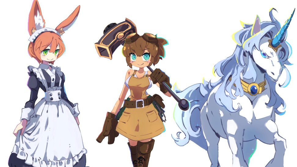 🌙ルナ進捗🌙
新キャラです！✨

　左：月界城 メイド
中央：鍛冶屋の娘
　右：神聖獣 ユニ

#エレメンタルマスタールナ