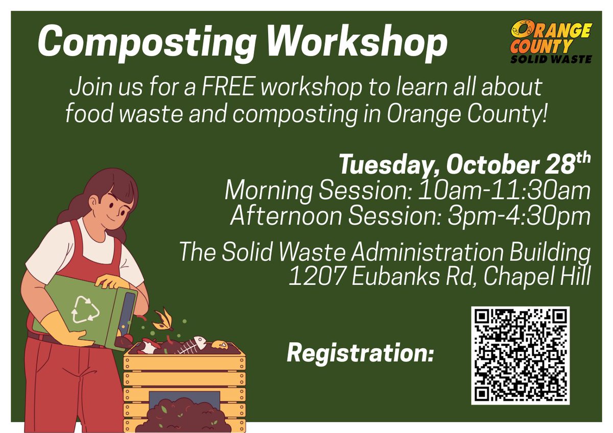 Join Orange County Solid Waste for a FREE workshop to learn all about food waste and composting in Orange County. Register to attend the workshop at orangecountync.gov/CompostingOcto…