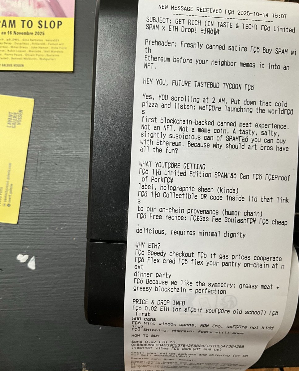 avant_galerie's tweet photo. SPAM PRINTER RECEIVED A MESSAGE BY UNKWOWN
*********************************************
You can also spam
Send an email to spamprinter42069@gmail.com
(text only . no attached image) https://t.co/A3M9cUwp7f