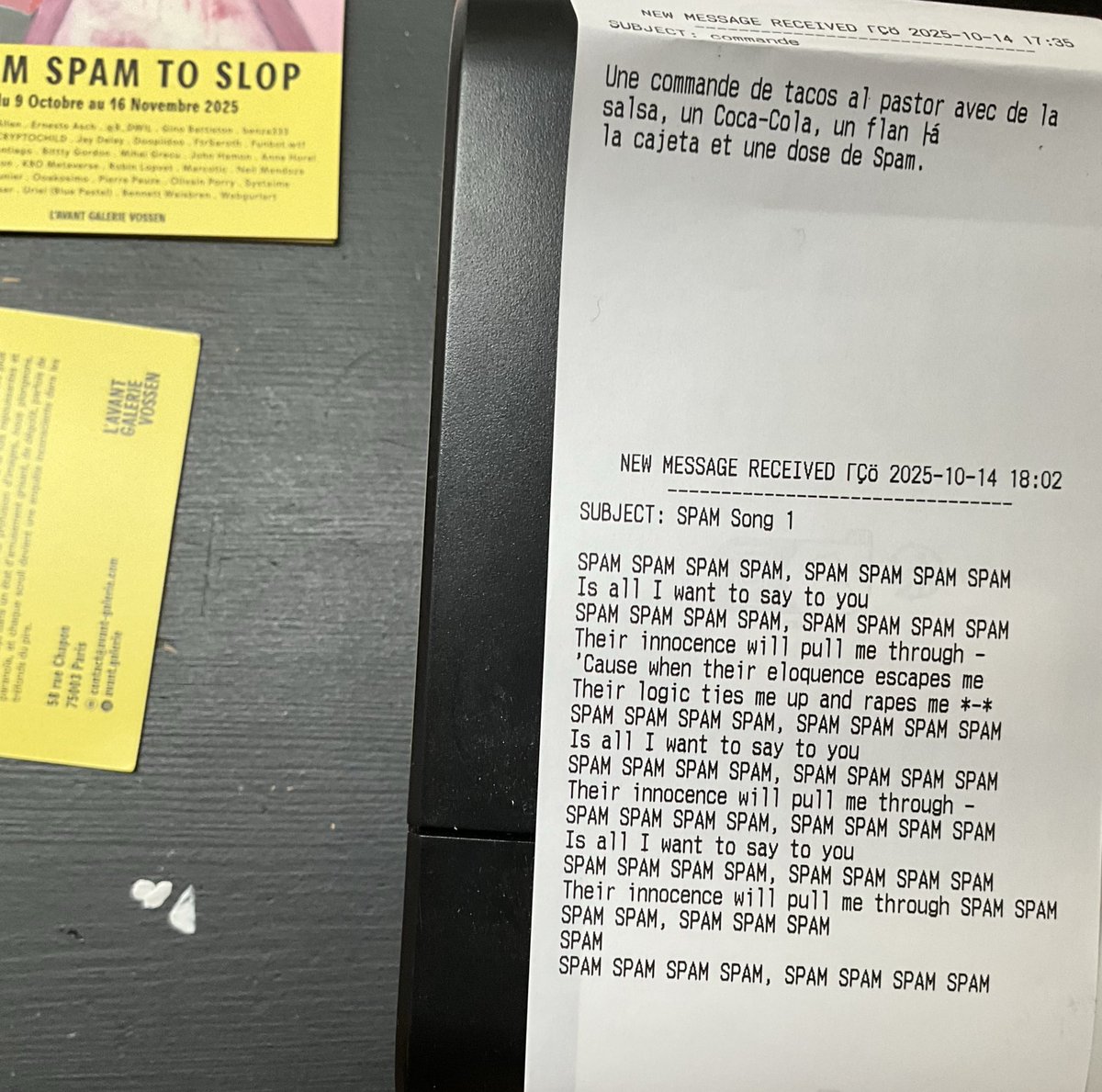 avant_galerie's tweet photo. SPAM PRINTER RECEIVED A MESSAGE BY UNKWOWN
*********************************************
You can also spam
Send an email to spamprinter42069@gmail.com
(text only . no attached image) https://t.co/A3M9cUwp7f