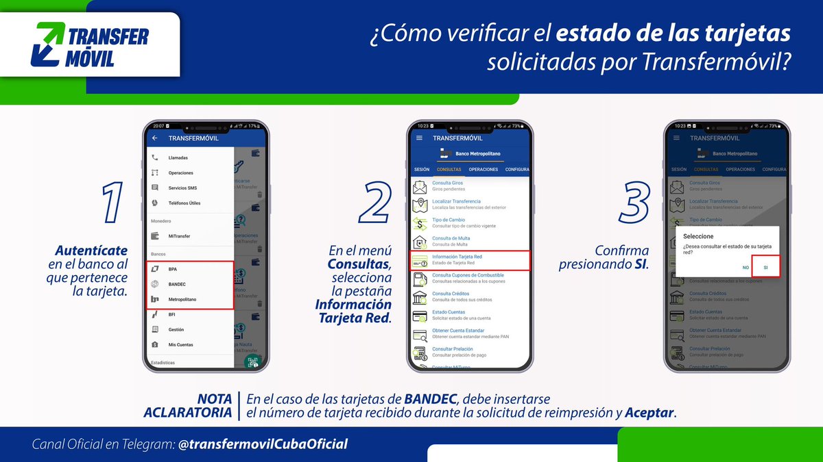 transfermovilcu's tweet photo. ¿Sabías que si solicitaste la #reimpresión de tu #tarjeta_magnética mediante #Transfermóvil puedes darle seguimiento desde la propia aplicación? 💳📲

Podrás verificar el estado de la tarjeta solicitada siguiendo los sencillos pasos que aparecen en la imagen. 📎⬇️⬇️ https://t.co/KjIK6jBKxi